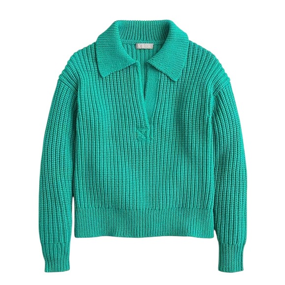 J.Crew Sweaters - J.Crew Ribbed‎ Cotton Johnny-Collar Sweater Pullover Green Cotton Women L XL